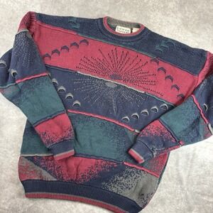 Vintage Cotton Traders Sweater Mens M Red Geometric Sun Burst Crewneck Hiking